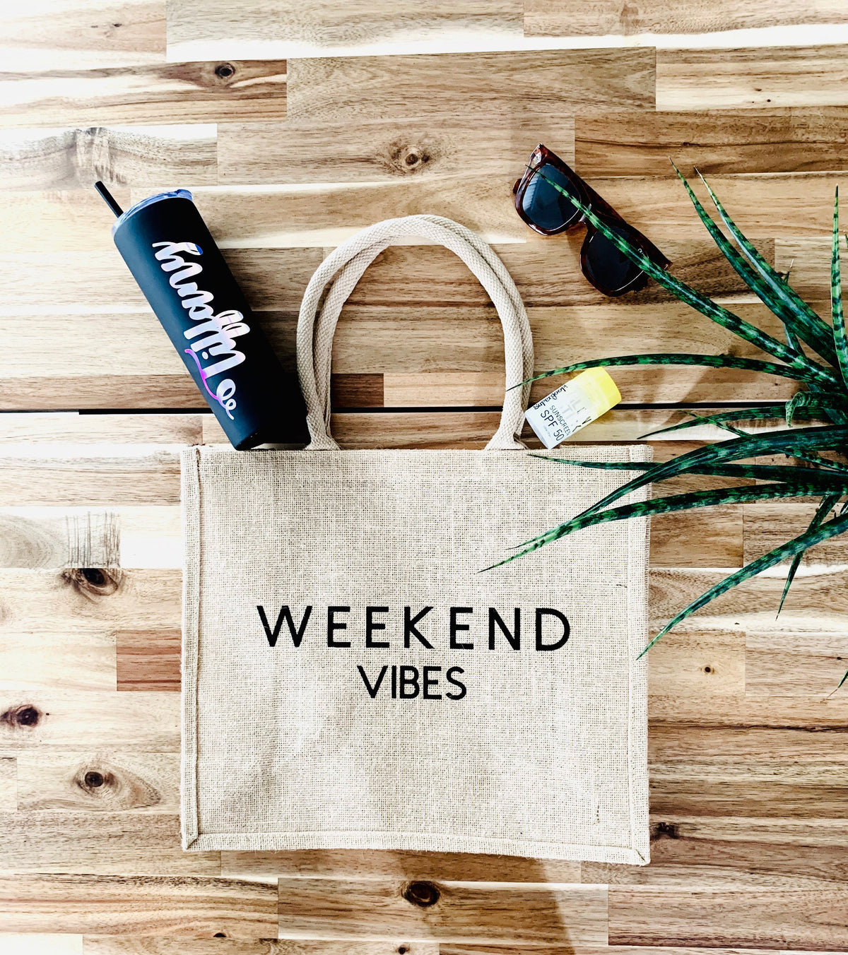 Weekend Vibes Jute Burlap Tote Bag: Large Beach Carryall