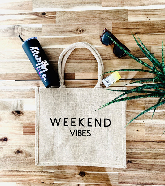Weekend Vibes Jute Burlap Tote Bag: Large Beach Carryall