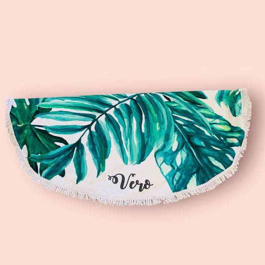 Personalized Round Beach Towel: Tropical Palm Leaf Microfiber Blanket