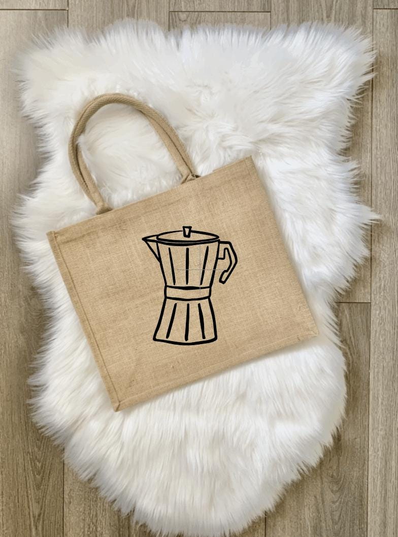 Moka Pot Jute Tote Bag - Minimalist Coffee Lover Gift, Eco-Friendly Burlap Shopping Bag, Aesthetic Italian Coffee Maker Handbag, Reusable
