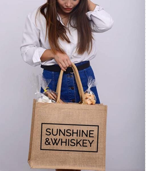Sunshine & Whiskey Jute Tote Bag: Beach Vacation Carryall
