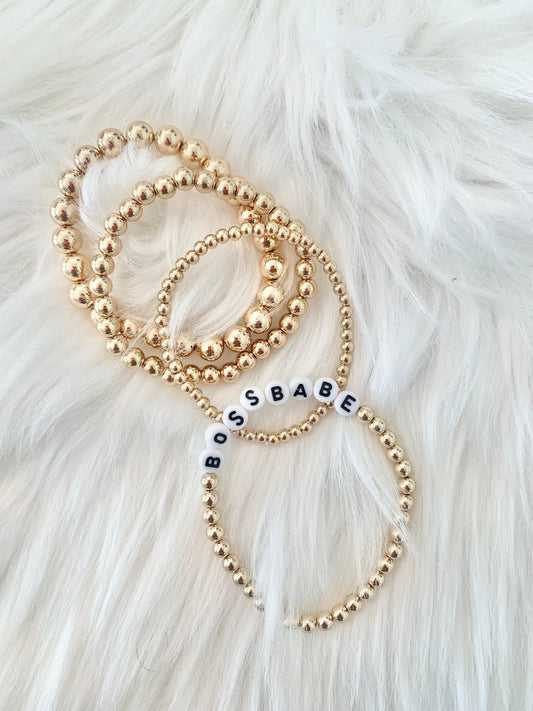 Gold Beaded Bracelet Set, Personalized Word, Initial Stacking Bracelets