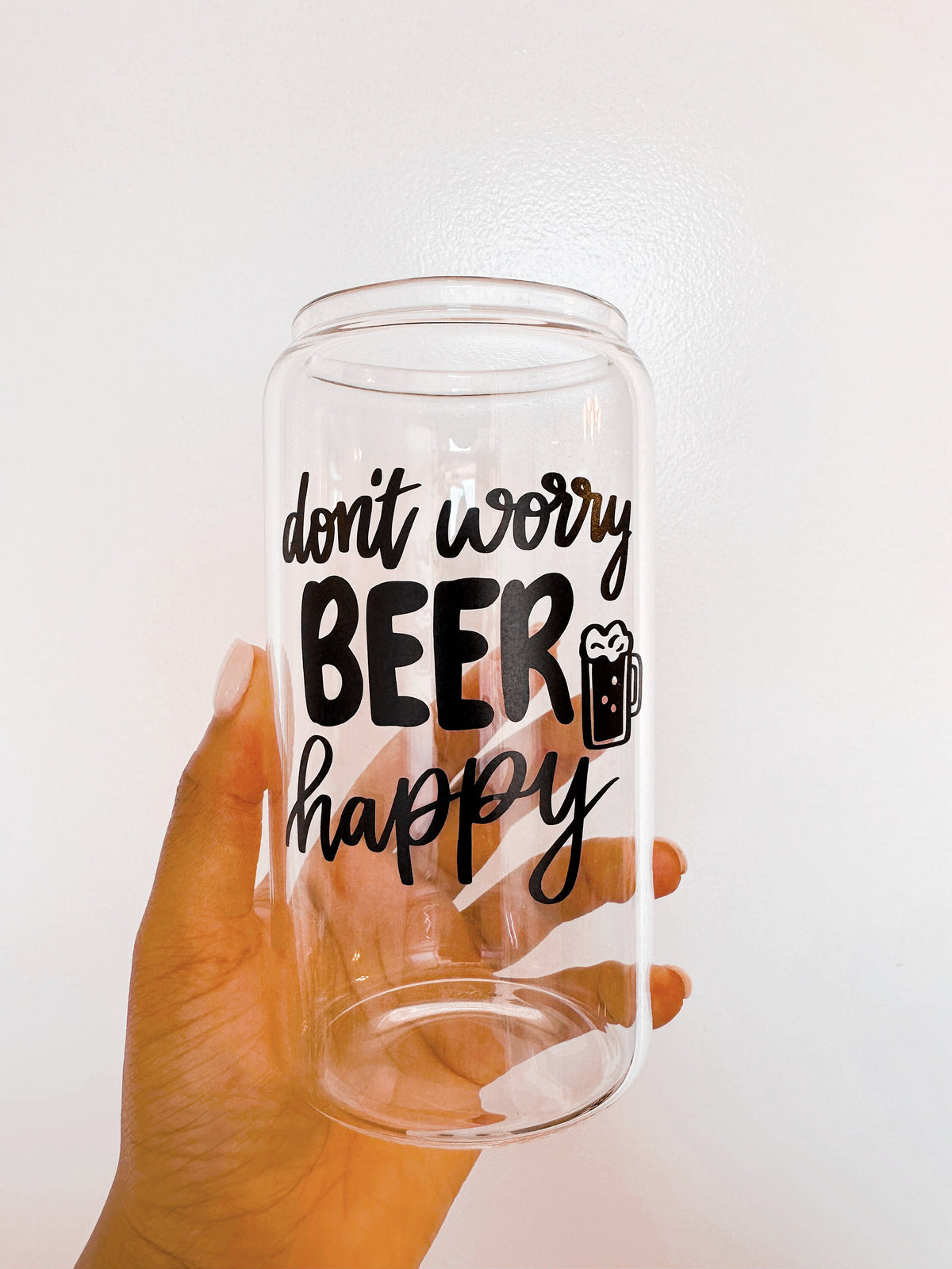 Don’t Worry Beer Happy Glass Can | Iced Coffee Cup with Beer Mug Decal | Aesthetic Beer Glass Gift for Her | 16oz Libbey Glass Can