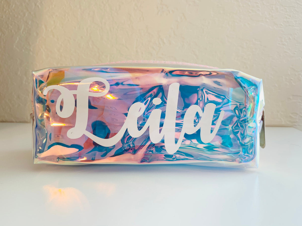Personalized Iridescent Makeup Bag: Holographic Travel Cosmetic Bag