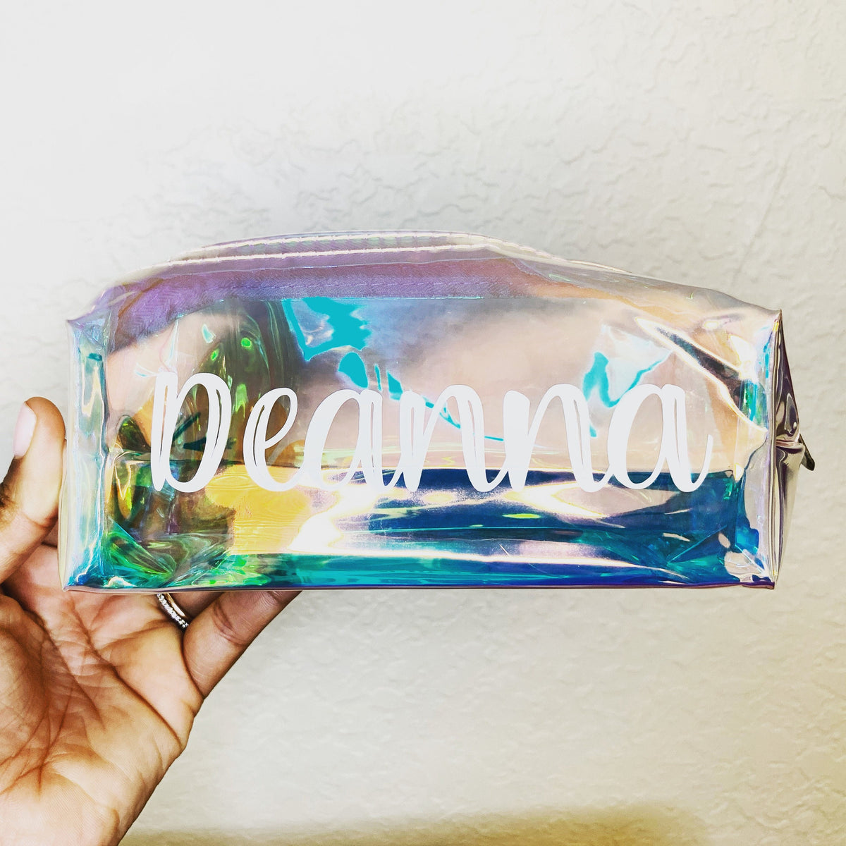 Personalized Iridescent Makeup Bag: Holographic Travel Cosmetic Bag