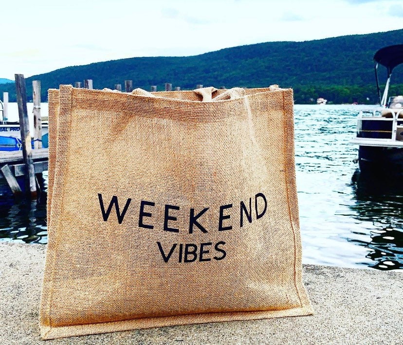 Weekend Vibes Jute Burlap Tote Bag: Large Beach Carryall