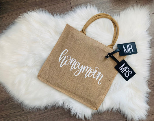 Honeymoon Vibes Jute Burlap Tote Bag | Bride To Be Gift