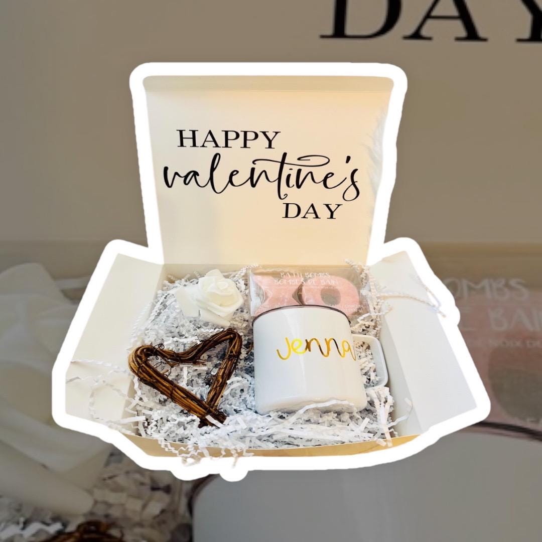 Personalized Valentine's Day Gift Box for Her, Custom Name Mug Spa Gift Set, Galentine's Day Care Package, Will You Be My Valentine Box, Mug