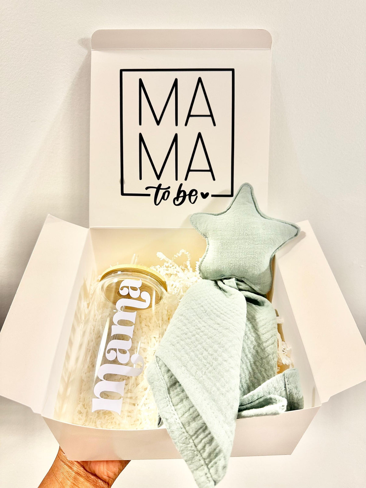 Mama To Be Gift Box: Glass Tumbler, Muslin Swaddle, Plush Star