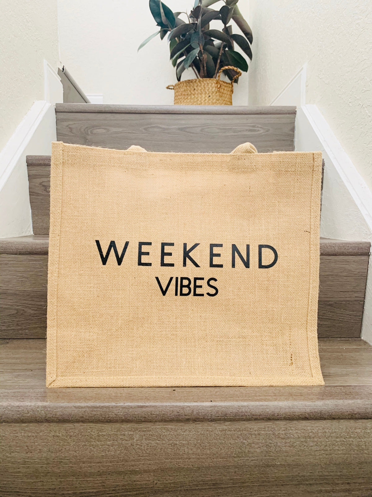 Weekend Vibes Jute Burlap Tote Bag: Large Beach Carryall