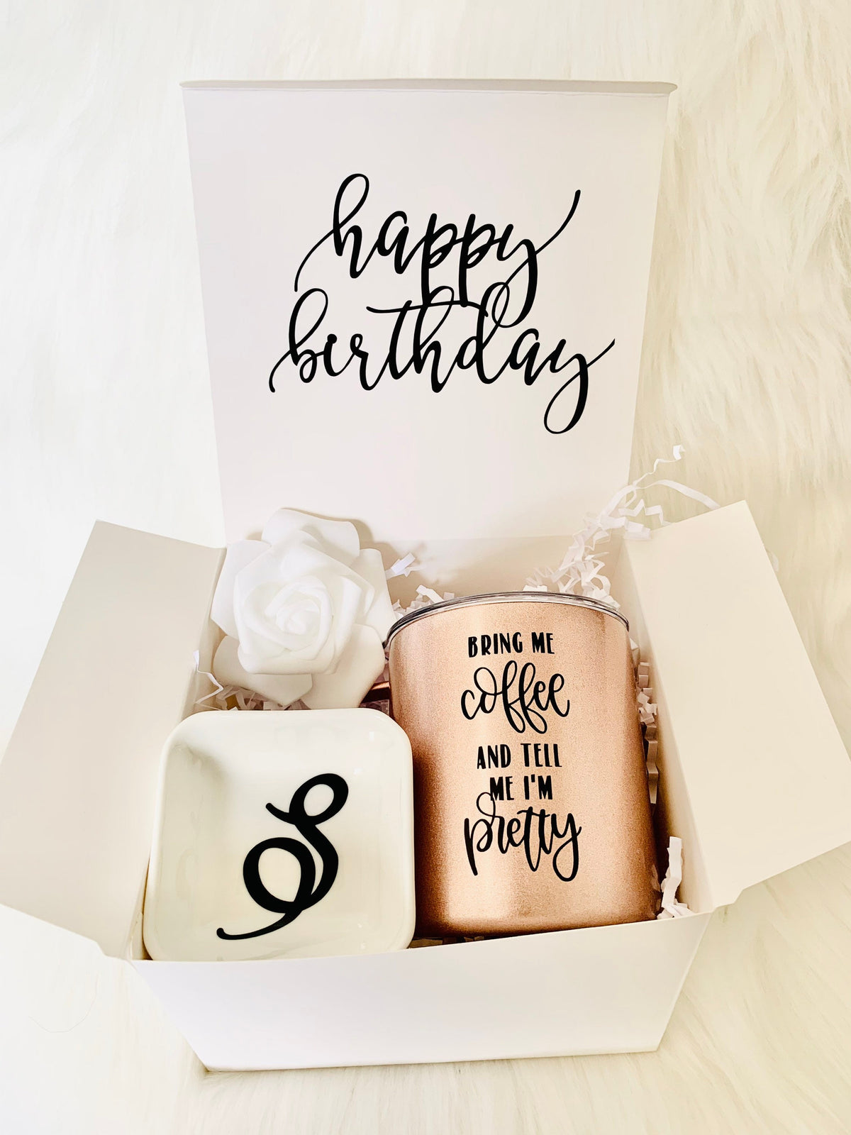Coffee Lover Birthday Gift Box: Rose Gold Tumbler, Trinket Dish