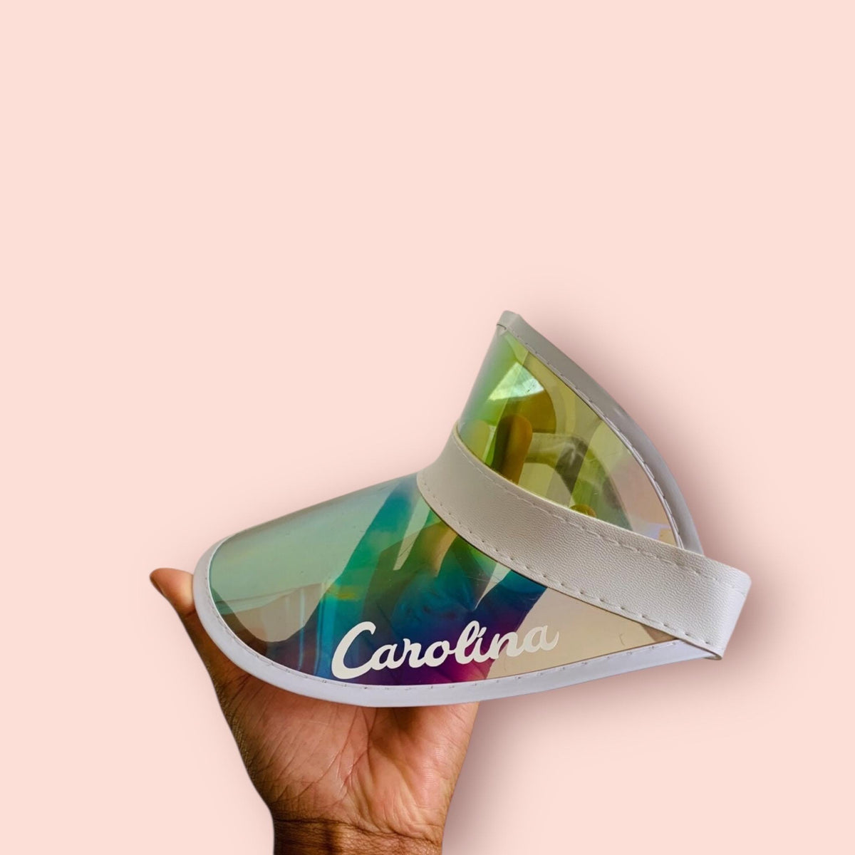 Personalized Iridescent Holographic Sun Visor | Custom Name Clear Plastic Party Hat | Bachelorette, Beach, & Music Festival Summer Accessory