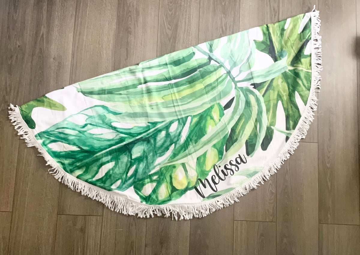 Personalized Round Beach Towel: Tropical Palm Leaf Microfiber Blanket