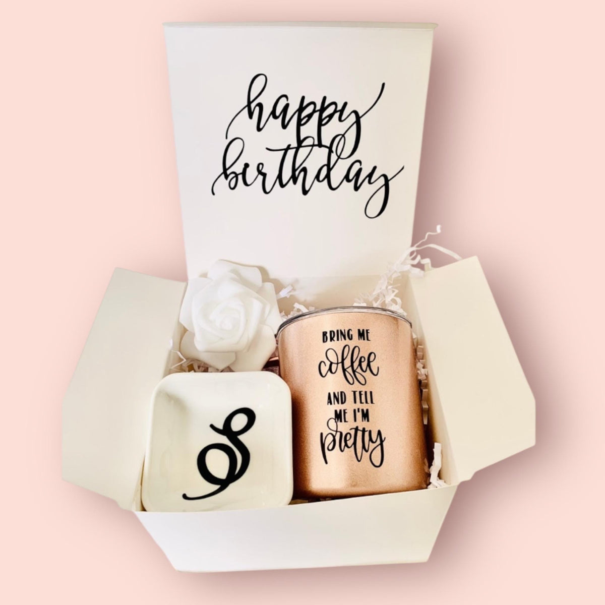 Coffee Lover Birthday Gift Box: Rose Gold Tumbler, Trinket Dish