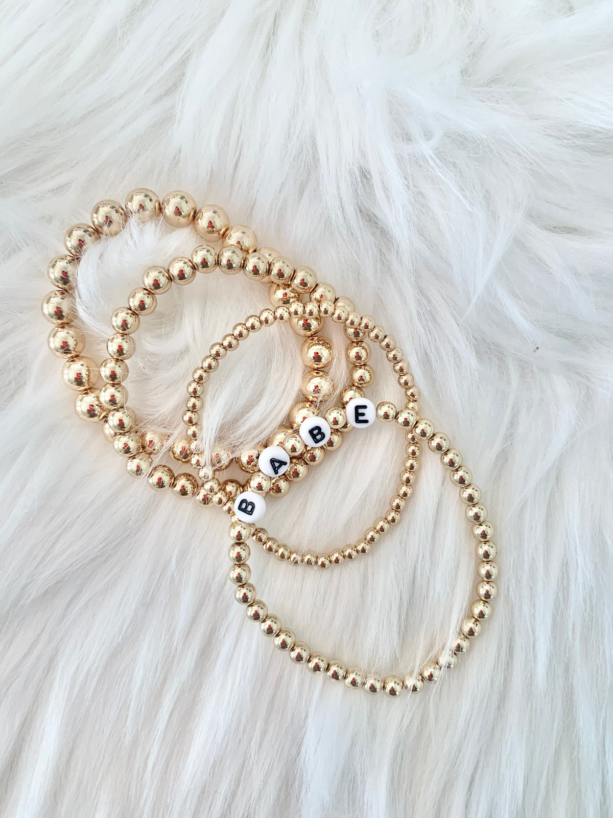 Gold Beaded Bracelet Stack: Personalized Letter Bead Stretchy Set