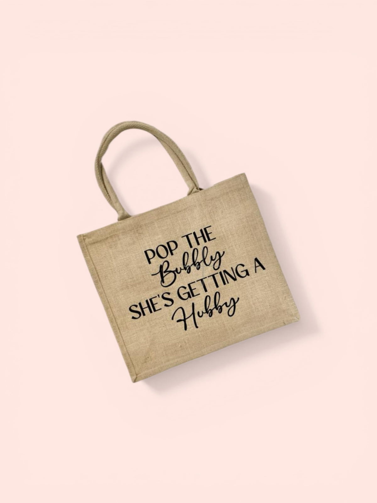 Pop The Bubbly She’s Getting A Hubby Jute Tote Bag - Custom Bridal Shower Gift, Bachelorette Party Welcome Bag, Rustic Wedding Gift for Bride, Hen Party Bag, Personalized Burlap Beach Tote, Champagne Lovers Gift, Bride to Be Accessory