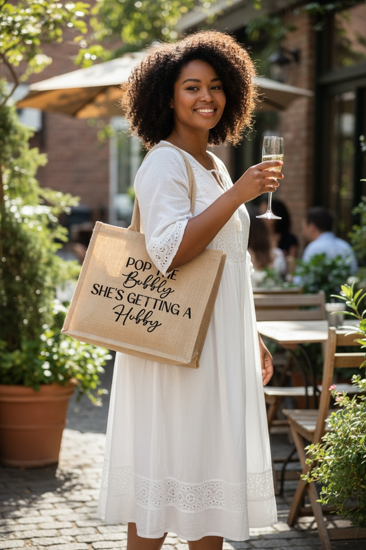 Pop The Bubbly She’s Getting A Hubby Jute Tote Bag - Custom Bridal Shower Gift, Bachelorette Party Welcome Bag, Rustic Wedding Gift for Bride, Hen Party Bag, Personalized Burlap Beach Tote, Champagne Lovers Gift, Bride to Be Accessory