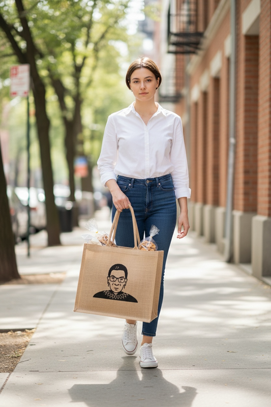 RBG Burlap Market Bag: Ruth Bader Ginsburg Jute Canvas Tote