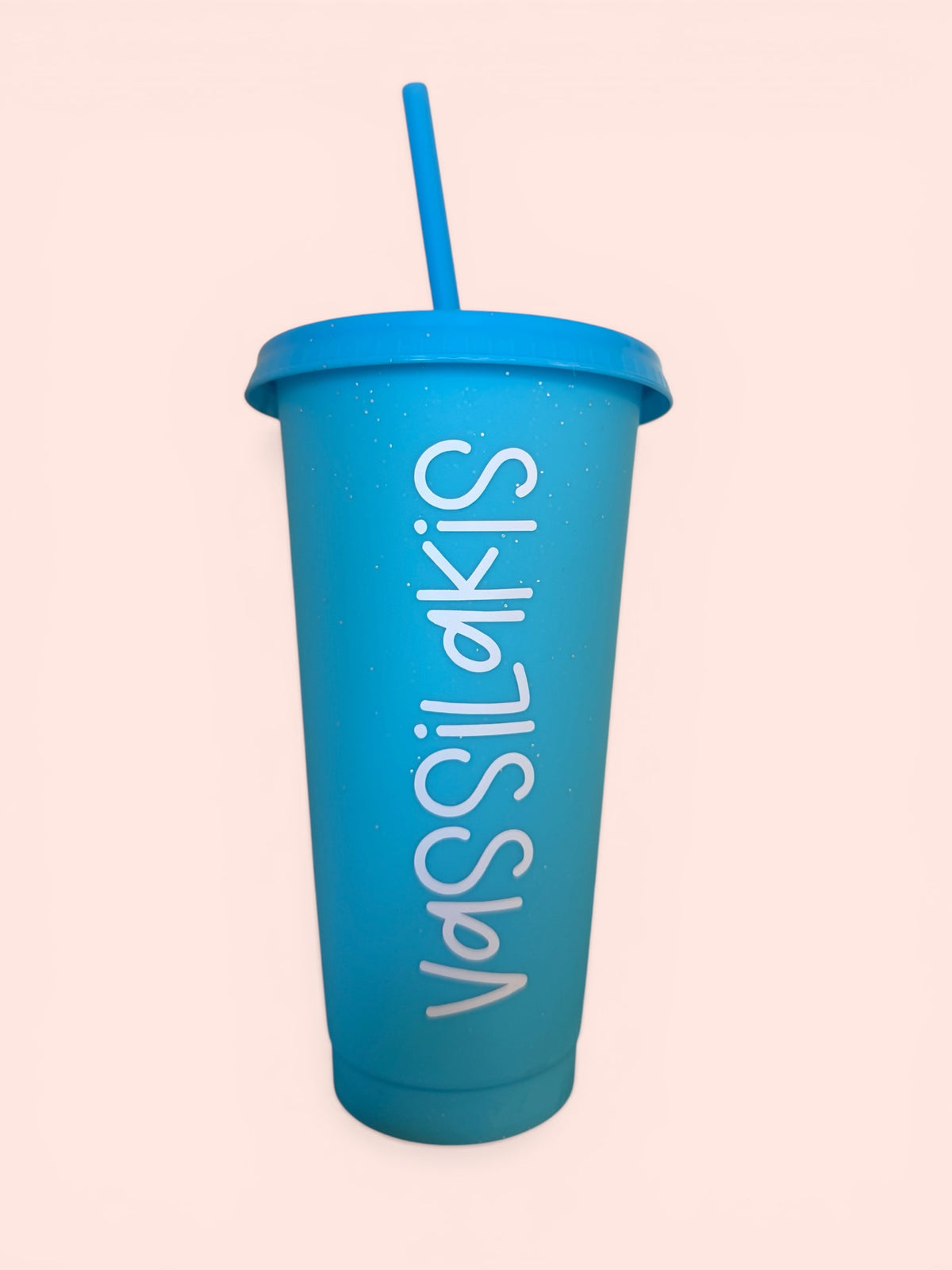 Personalized 24oz Blue Glitter Tumbler with Straw | Custom Reusable Cold Cup