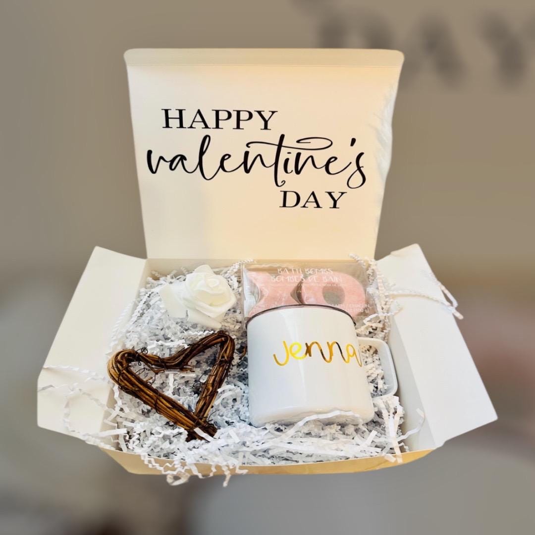 Personalized Valentine's Day Gift Box for Her, Custom Name Mug Spa Gift Set, Galentine's Day Care Package, Will You Be My Valentine Box, Mug