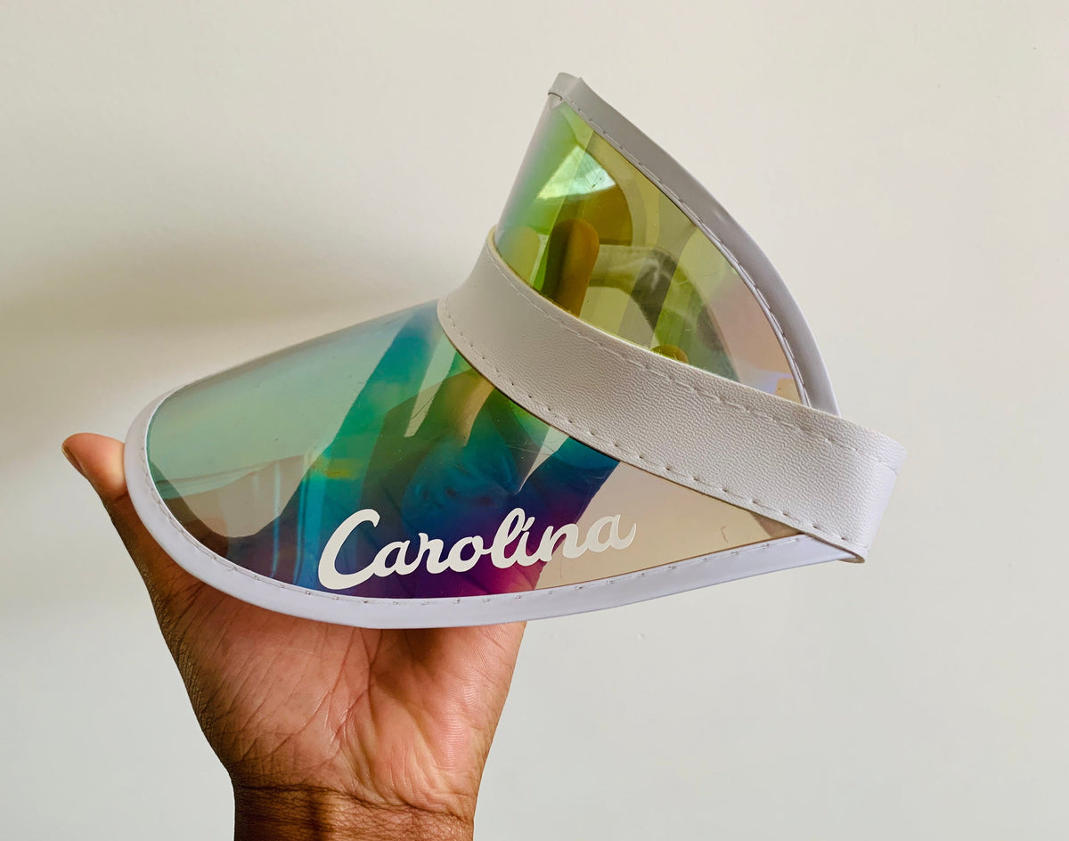 Personalized Iridescent Holographic Sun Visor | Custom Name Clear Plastic Party Hat | Bachelorette, Beach, & Music Festival Summer Accessory