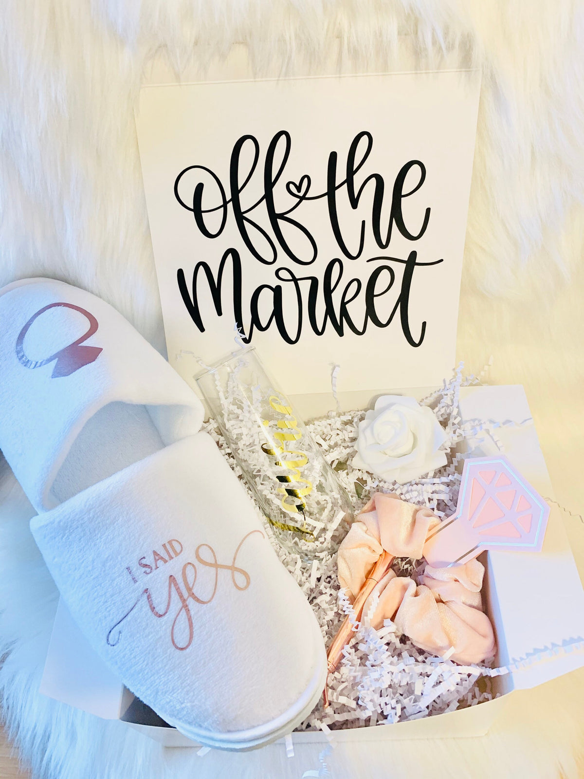 Off the Market Gift Box: Personalized Champagne Flute & 'I Said Yes' Slippers