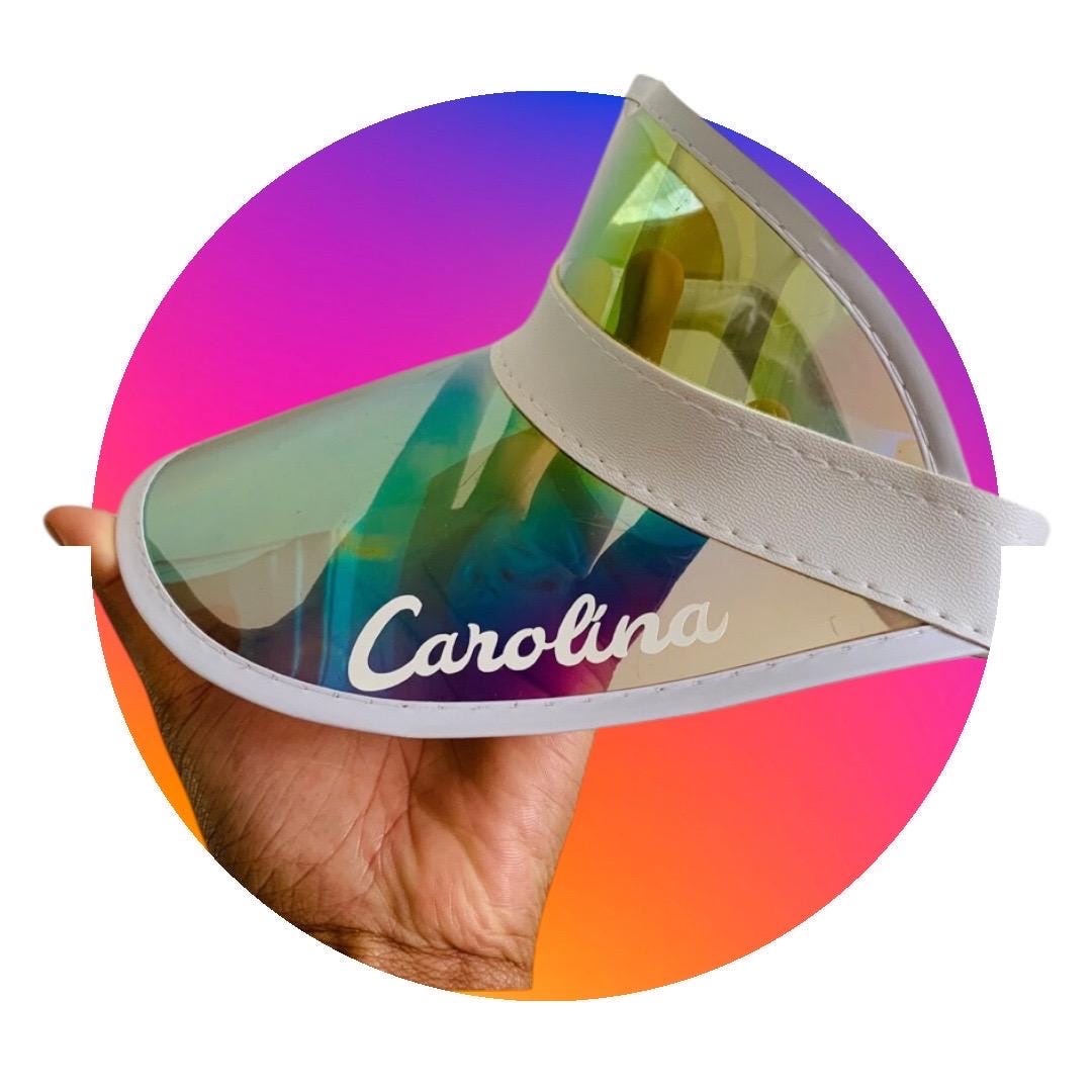 Personalized Iridescent Holographic Sun Visor | Custom Name Clear Plastic Party Hat | Bachelorette, Beach, & Music Festival Summer Accessory