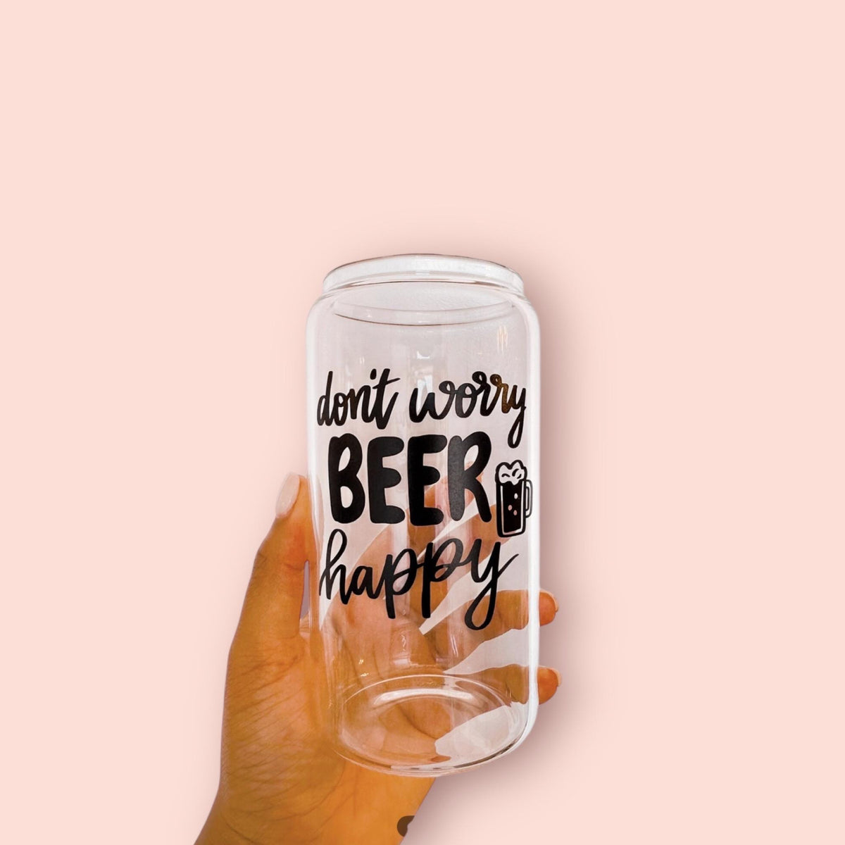Don’t Worry Beer Happy Glass Can | Iced Coffee Cup with Beer Mug Decal | Aesthetic Beer Glass Gift for Her | 16oz Libbey Glass Can