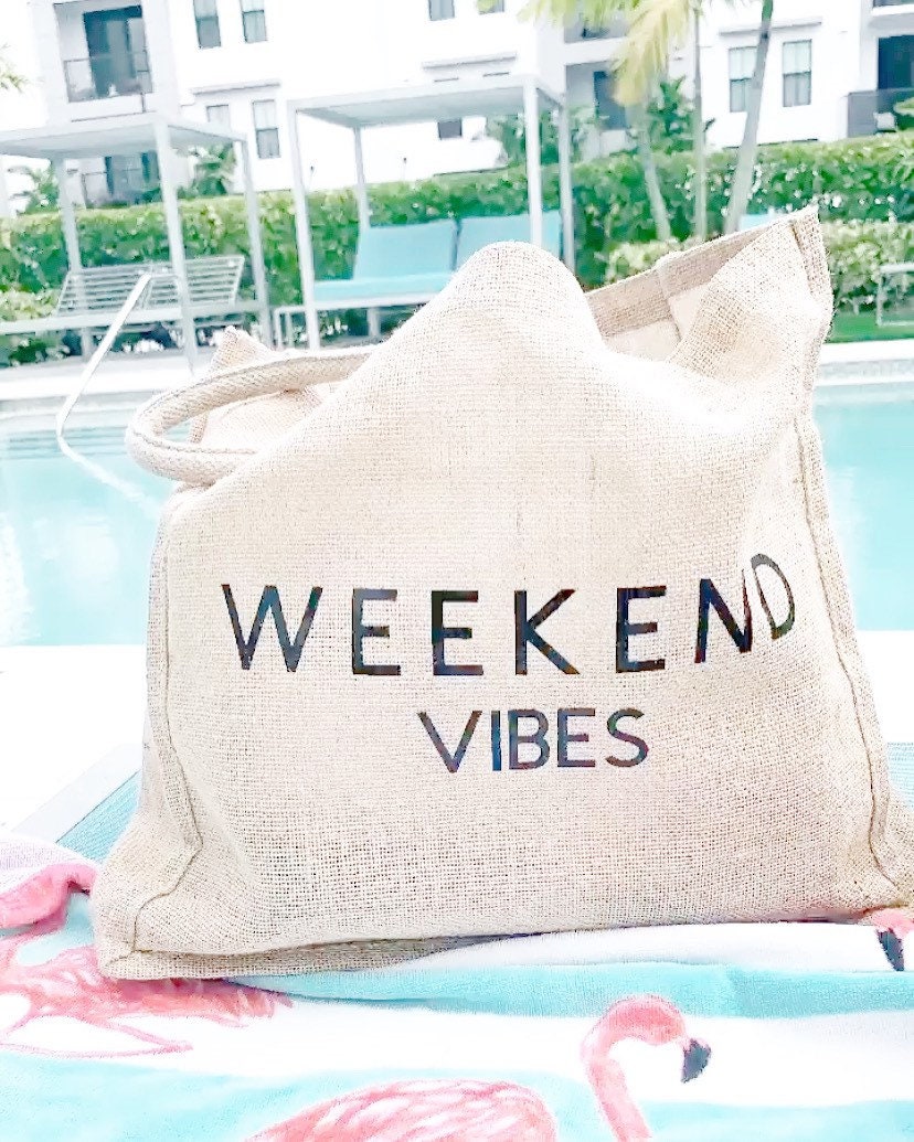 Weekend Vibes Jute Burlap Tote Bag: Large Beach Carryall