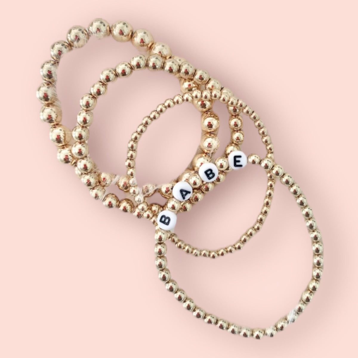 Gold Beaded Bracelet Stack: Personalized Letter Bead Stretchy Set