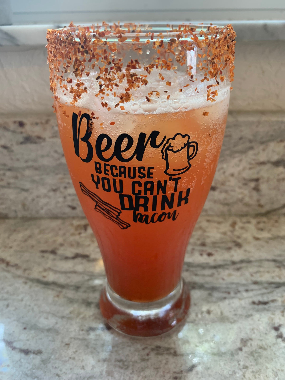 Funny Beer Glass: "Beer Because You Can't Drink Bacon"