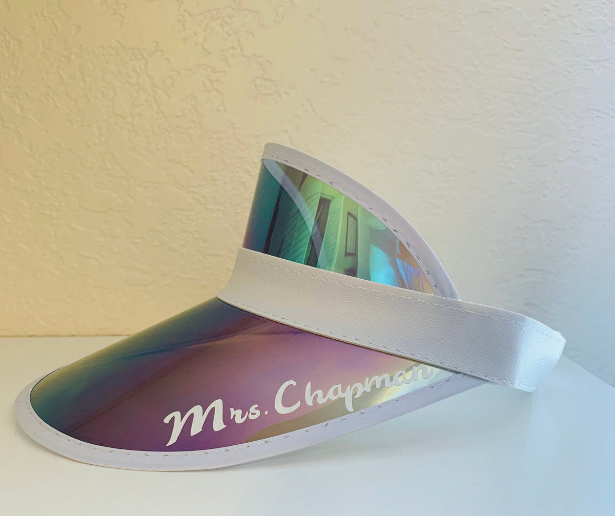 Personalized Iridescent Holographic Sun Visor | Custom Name Clear Plastic Party Hat | Bachelorette, Beach, & Music Festival Summer Accessory