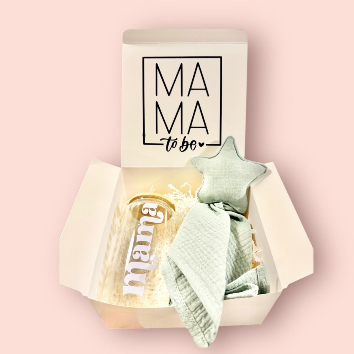 Mama To Be Gift Box: Glass Tumbler, Muslin Swaddle, Plush Star