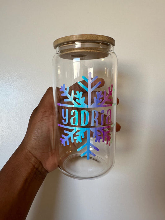Personalized Snowflake Glass Tumbler with Lid and Straw (16 oz)